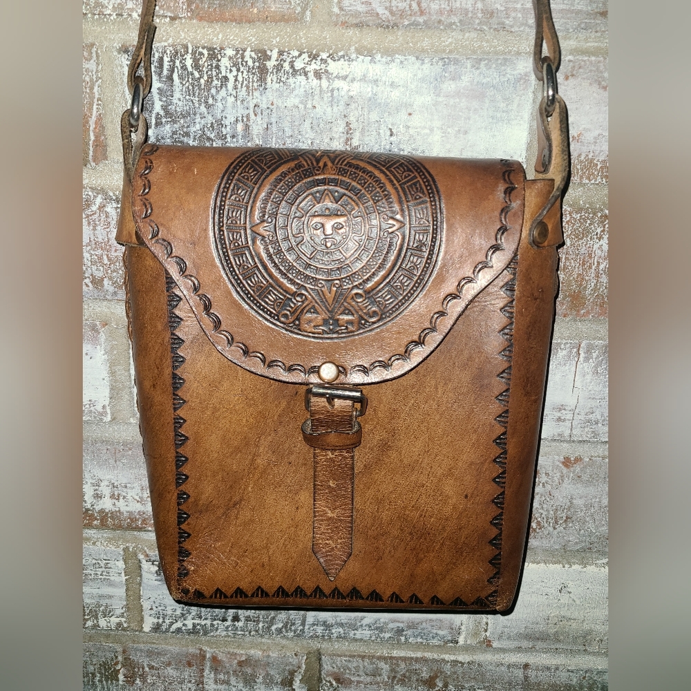 Hand-Tooled Brown Leather Crossbody Bag with Aztec Medallion